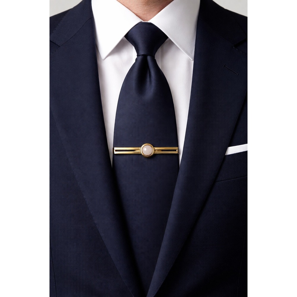 Vintage Gold Tone Tie Clip Pink Round Cabochon Stone Mid Century Mens Accessory